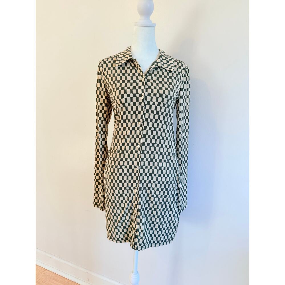 NWT Checkered Green and Cream Collared Dress Medium Petite
